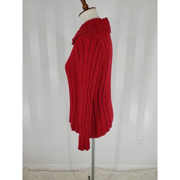 LIZ CLAIBORNE Women's Red w/ White & Black Flecks Quarter Button Sweater Sz L - Picture 3 of 8